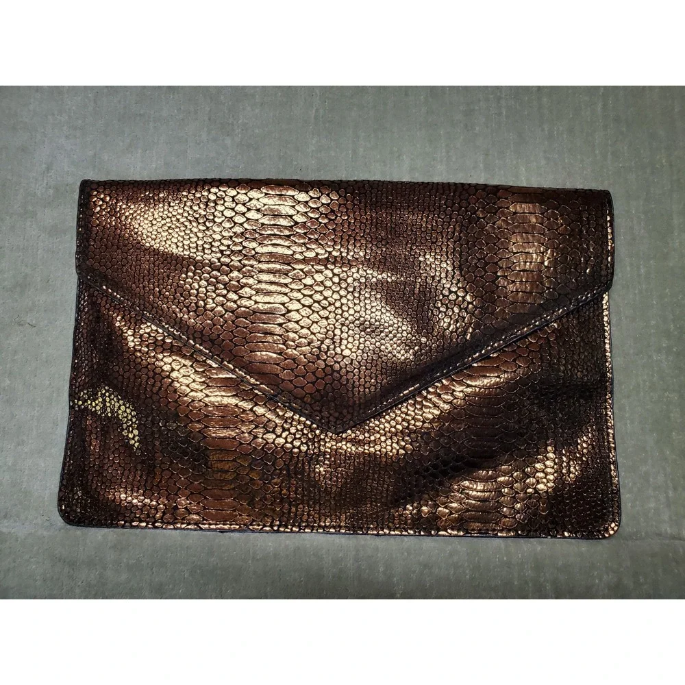 Moda Luxe Bronze Metallic Snakeskin Embossed Leather Envelope Clutch Bag